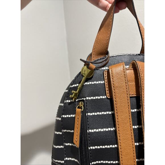 FOSSIL Striped Megan Backpack Purse Bag Hearts Stripes Black White Brown Straps main image 12